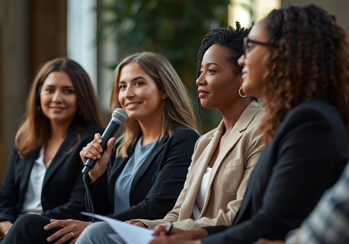 Create a high-quality, professional image of four women panelists seated together, one of them holding a microphone as if speaking or responding to a question. The setting should be a modern loft-style office space or conference room with w